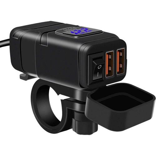 AYU-Chargeur de Voiture, Prise USB QC 3.0 et Voltmètre LED 6-30V, Adaptateur USB Étanche pour Moto IP65 avec Interrupteur Marche-Arrêt pour SUV Marin de Bateau 12V (Bleu)