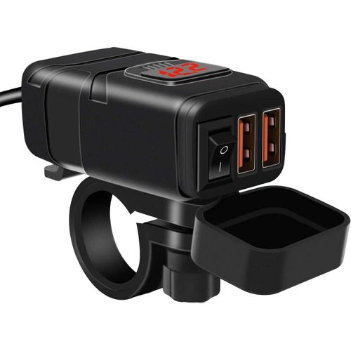 AYU-Chargeur de Voiture, Prise USB QC 3.0 et voltmètre LED 6-30V, Adaptateur USB étanche pour Moto IP65 avec Interrupteur Marche-arrêt pour SUV Marin de Bateau 12V (Rouge)