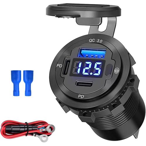AYU-Prise USB 5 en 1 12 V - Chargeur de voiture avec interrupteur ON/OFF - Voltmètre LED - Double PD et port USB - Pour camping-car, voiture, bateau, véhicule marin