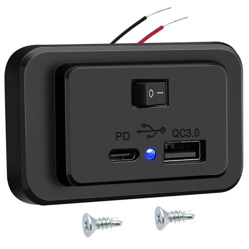 AYU-Prise de Chargeur USB C de Voiture PD2.0+QC3.0 avec On/Off Interrupteur,DC12V-26V Panneau Prise USB Commande Charge Rapide avec LED pour Voiture Camping-Car Marine Camion Bateau Moto