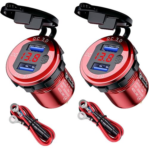 AYU-Lot de 2 chargeurs de voiture QC3.0 USB - Charge rapide - 12/24 V - Double prise de charge USB avec interrupteur et voltmètre LED - En métal étanche - Adaptateur allume-cigare USB pour