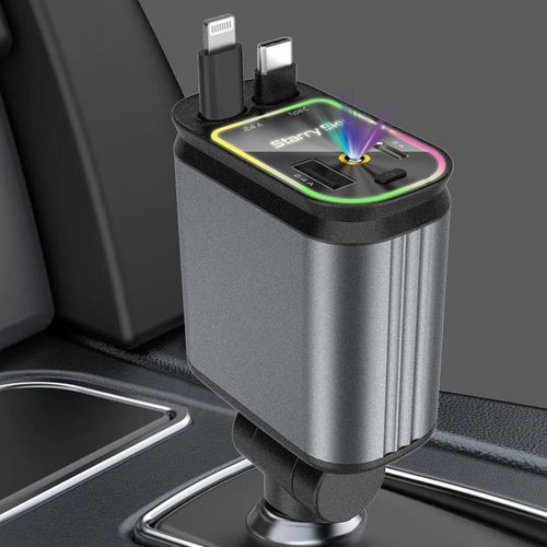 AYU-Chargeur de voiture 4 en 1 rétractable avec LED ciel étoilé, USB C 66 W, chargeur de voiture rapide, chargeur allume-cigare pour iPhone, Samsung Galaxy, Google Pixel