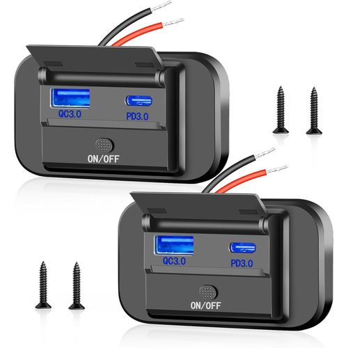AYU-Prise USB 12V, 2 PCS Prise de Chargeur USB de Voiture QC3.0 USB & PD Type C Charge Rapide Prise USB Voiture Encastrable avec Interrupteur pour 12V/ 24V Camping Car Bateau Voitures