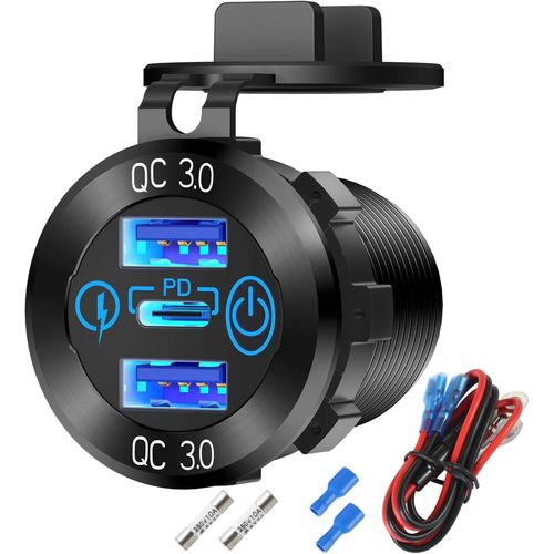 AYU-Prise de Chargeur de Voiture en Aluminium PD 3.0 Type C et Double Port USB Quick Charge 3.0 Multiples Prises USB étanches 12V/24V avec Interrupteur Tactile pour Voiture, Bateau, Marine, Moto, etc