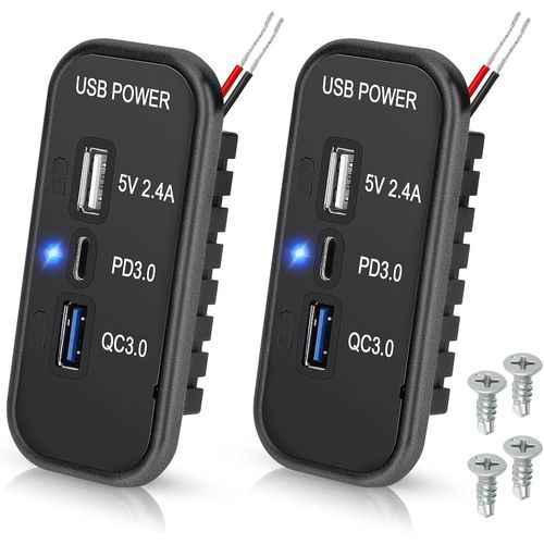 AYU-Prise USB 3 Ports 12V, PD3.0 Type C, QC3.0 & 2.4A USB A Prise de Chargeur, Adaptateur de Charge Rapide pour Voiture 2pcs