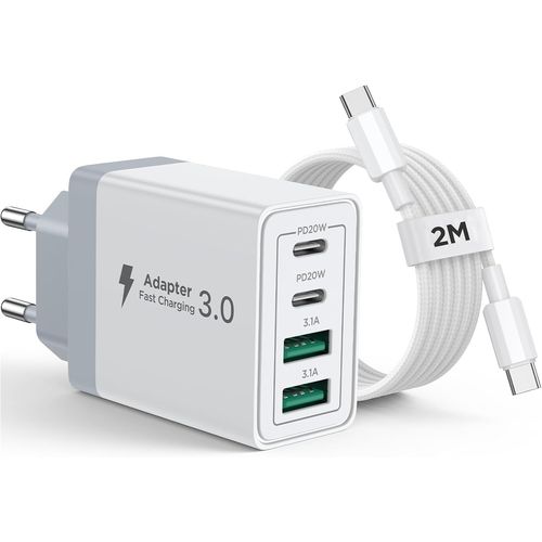 AYU-Chargeur iPhone, 40W 4 Port Chargeur USB C Rapide Multiple Prise USBC avec 2m Cable USB C pour iPhone 16 15 Pro Max Plus 16e iPad, Samsung, Adaptateur Secteur Type C avec 60W Cable C vers C