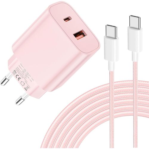 AYU-Chargeur USB C 20W - Chargement Ultra Rapide ¿¿ Deux Ports avec Cable USB C 2M pour iPhone 16/15, pour Samsung, pour Pad, Pixeli etc-Rose