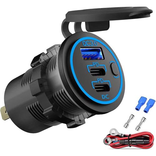 AYU-Prise USB 12V, Chargeur USB Filaire Multi Port, Double Prise Voiture PD3.0 et QC3.0 avec Interrupteur, Chargement Rapide pour iPhone iPad Android Phones, Adapté à la Voiture Bateau Marine