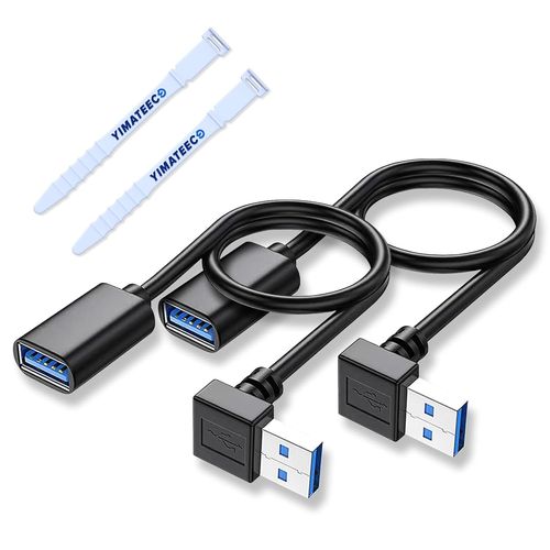 AYU-Câble d'extension USB 3,0 vers le bas, Câble de données USB mâle à femelle de 30CM, adaptateur USB à 90 degrés avec Contacts plaqués or pour clé USB, disque dur(Angle vers le bas, 2 pièces, noir)