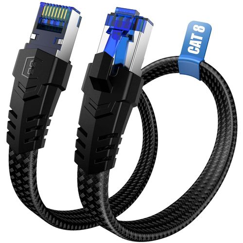 AYU-Câble Ethernet 1.5M, Cat 8 40Gbps 2000MHz Haute Vitesse Câble de Réseau, Plat RJ45 Gigabit Câble Internet, Short Nylon Tressé Câble LAN, Compatible avec Cat9/Cat8/Cat7/Cat6/Cat5e