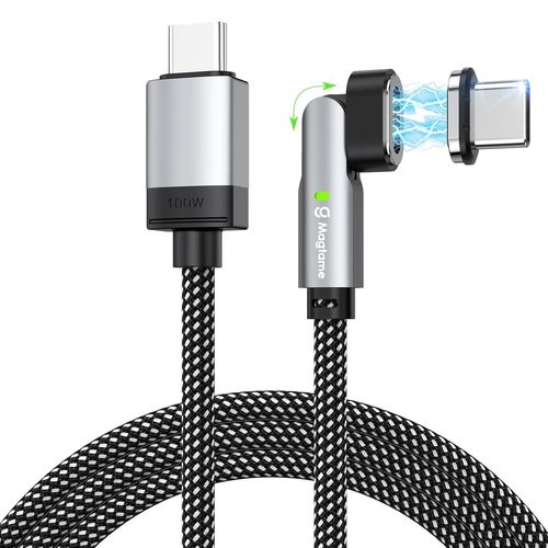 AYU-100W câble USB C magnétique à angle droit, 3,3 pieds câble de charge magnétique charge rapide, 90 degrés USB C vers USB C câble de transfert de données tressé