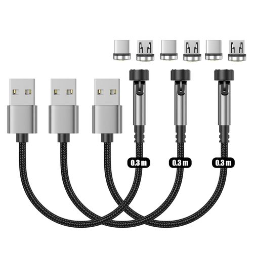 Ayu-Netdot Gen12 Nylon Tress¿¿ Cable Magn¿¿Tique De Charge Rapide Et Transfert De Donn¿¿Es Avec Led Compatible Micro-Usb & Usb-C T¿¿L¿¿Phones (0.3 Meters/3 Pack Noir)