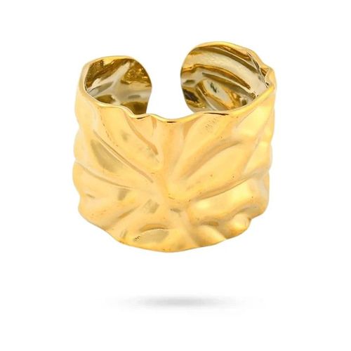 Bague Manchette Réglable Femme Acier Inoxydable Doré Design Feuille Texturée