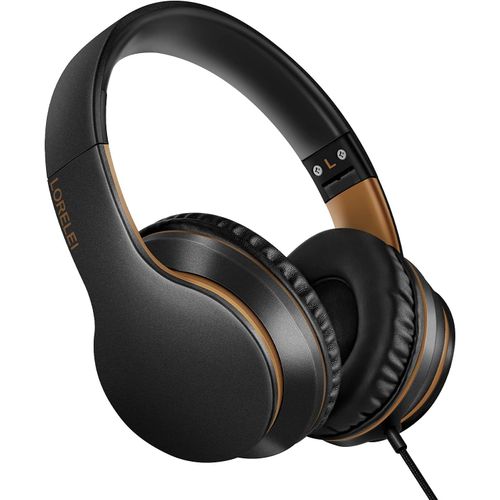 AYU-X6 Casque supra-auriculaire avec microphone, léger, pliable et portable, basses stéréo avec fil anti-enchevêtrement de 1,45 m pour smartphone, tablette, MP3/4 (noir et doré)