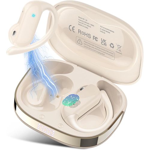 AYU-Open Ear Ecouteurs sans Fil, Écouteur Bluetooth 5.4 HiFi Stéréo, Ecouteurs sans Fil Sport avec ENC Mic, Écran LED Ecouteurs Contrôle Tactile, Oreillette Bluetooth IP7 Étanche, Blanc