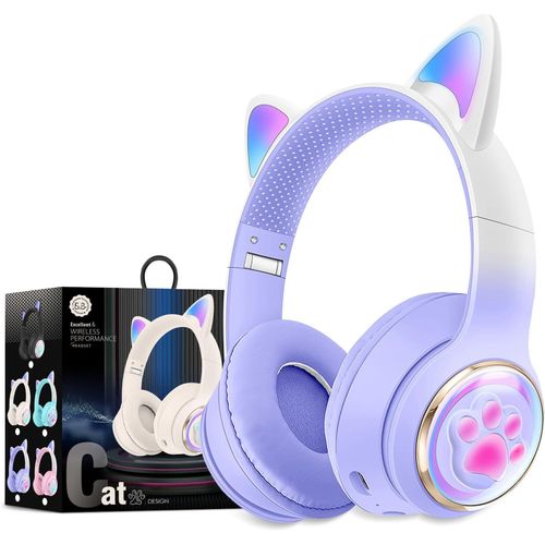 AYU-Excellent Casque Bluetooth sans Fil avec Oreilles De Chat pour Enfants, Casque St¿¿R¿¿O Pliable Et ¿¿Clair¿¿ par LED, Prend en Charge Le Microphone/Carte M¿¿Moire TF pour Smartphone/Iphone/Ipad