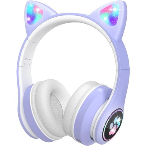 AYU-Bluetooth Casque Audio Enfants avec HD Microphone/Lumières LED, Ecouteurs Enfants du Volume Limité 85dB, Son Stéréo Casque Audio Enfants pour Smartphone,iPad,Tablet,Kindle,Ecole (Violet)