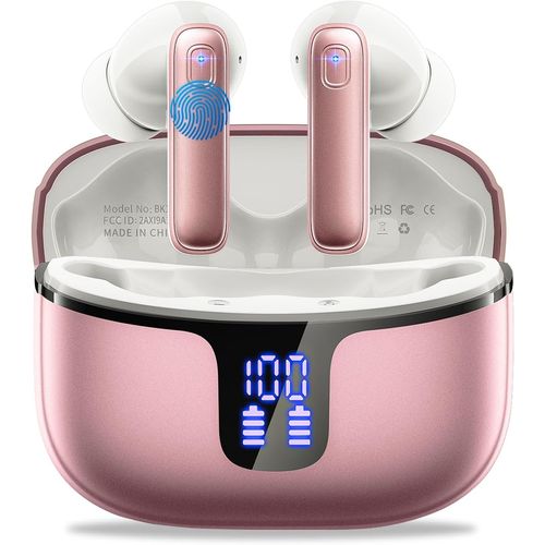 AYU-Ecouteurs Bluetooth sans Fil, Écouteurs Bluetooth 5.3 avec 4ENC Antibruit Mics, 40 Heures Oreillette HiFi Stéréo, IP7 Étanche Casque sans Fil, avec Écran LED/USB-C Rose Gold