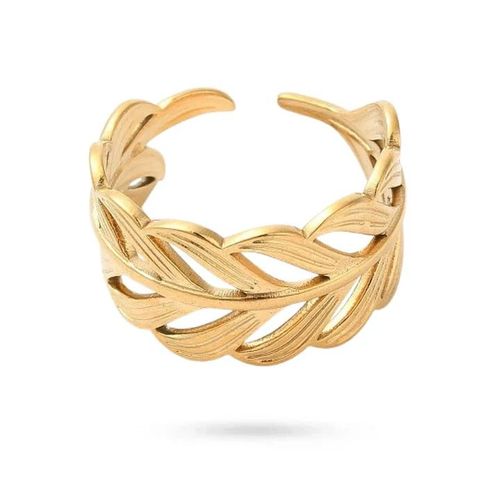 Bague Réglable Femme Acier Inoxydable Doré Motif Feuille Élégante