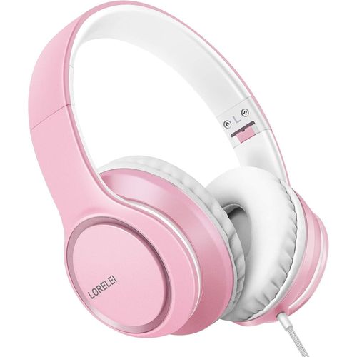 AYU-X8 Casque filaire avec microphone avec ligne en nylon anti-n?uds de 1,45 m et prise 3,5 mm, léger, pliable et portable pour smartphone, tablette, ordinateur, MP3/4 (rose perle)