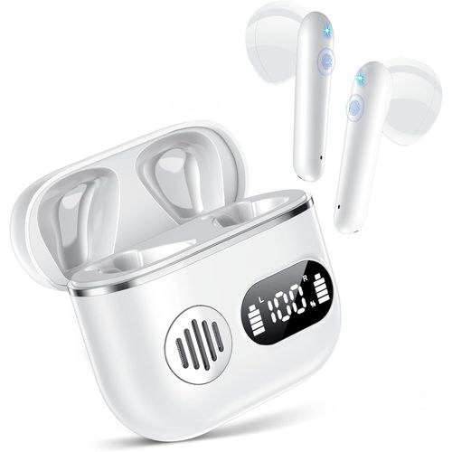 AYU-Sports Casque Bluetooth, Écouteurs Bluetooth 5.3 Stéréo Hi-Fi Casque Sans Fil avec 4 HD Mics, 42 Heures de Lecture et LED Affichage, Sans Fil Earbuds avec CVC Annulation du Bruit, Blanc (2025)