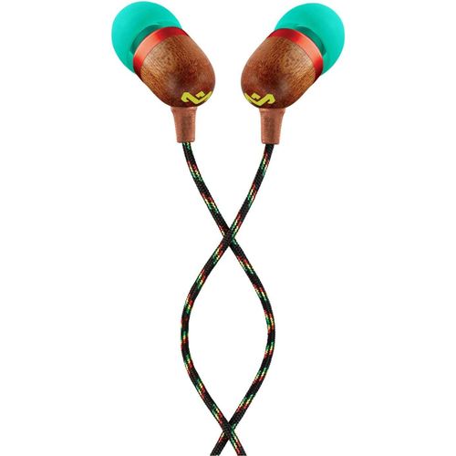 AYU-The House of Smile Jamaica Écouteurs Intra-auriculaires, Bouton de Contrôle du Microphone, Driver 9,2mm Anti-Bruit, 2 Tailles d`Embouts Inclus pour le Confort, Câble Anti-n?uds, Rasta