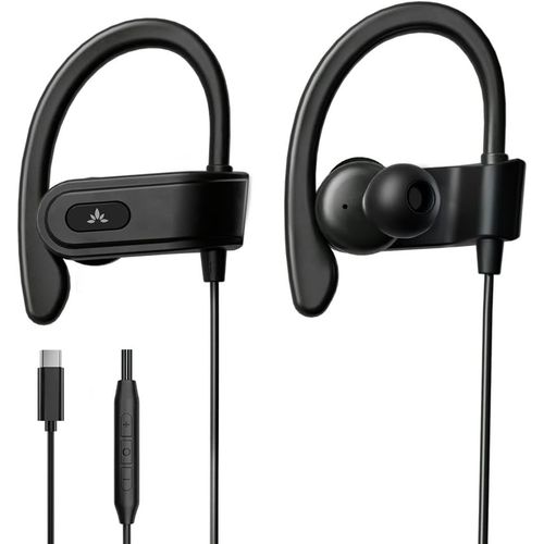 AYU-C171 - Écouteurs USB C Filaires à Micro, pour Sport et Course, avec Crochets, Intra Auriculaires et Contrôle Volume, Compatibles Galaxy, Android et Autres Smartphones à Prise Type C