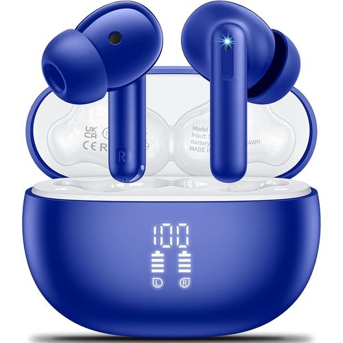 AYU-Ecouteurs Bluetooth sans Fil, Oreillette sans Fil 5.3 avec 4 ENC Réduction Bruit Mic Écran LED HiFI Son Stéréo 42H Durée Lecture Sport Casque Contrôle Tactile IPX7 Étanche pour iOS Android Bleu