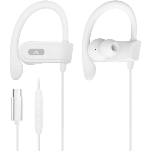 AYU-C171 - Écouteurs USB-C avec Microphone & contrôles de Volume, compatibles avec iPhone 15 & 16, téléphones Android Type-C, écouteurs avec Crochets pour Le Sport & la Course - Blanc