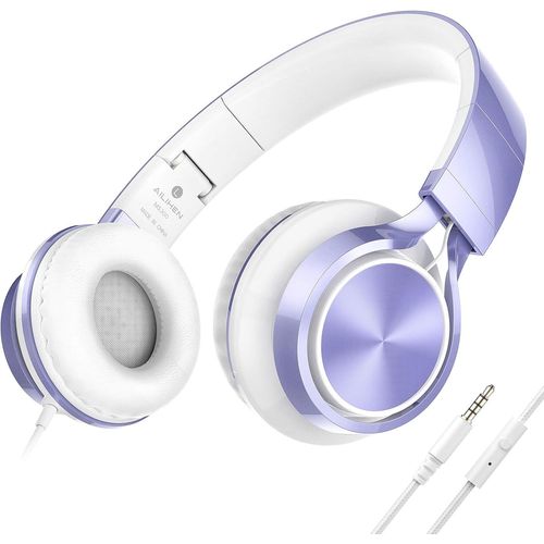 AYU-MS300 Casque filaire avec microphone pour Chromebook Ordinateur portable Smartphone, 3.5mm Casque léger pliable pour l'école Adolescents Filles Garçons Adolescents Cours en ligne(Violet Clair)