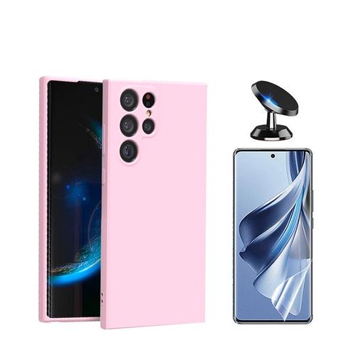 Kit De Film En Verre Trempé De La Couverture 5d + Couvercle De Silicone Liquide + Support Magnétique De Voiture Phonecare Pour Samsung Galaxy S24 Ultra 5g - Rose