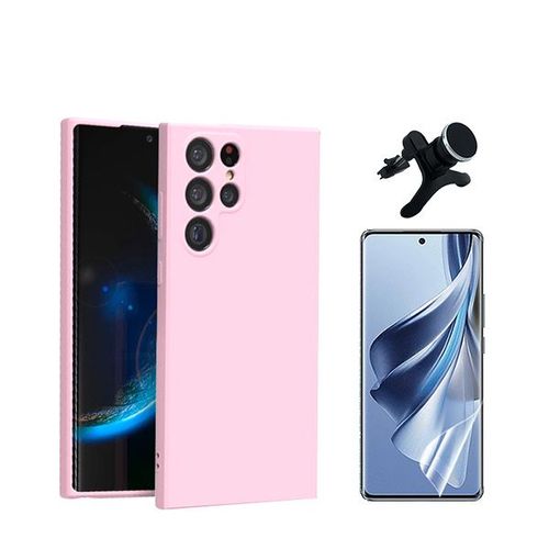 Kit De Film En Verre Trempé De La Couverture En 5d + Boîtier En Silicone Liquide + Porte-Voiture Renforcé Phonecare Pour Samsung Galaxy S24 Ultra 5g - Rose