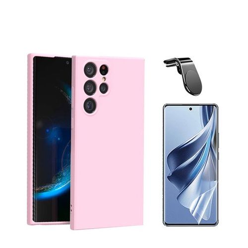 Jeu De Films En Verre Trempé De La Couverture 5d + Cas De Silicone Liquide + Support Magnétique L Voiture De Conduite Sécuritaire Phonecare Pour Samsung Galaxy S24 Ultra 5g - Rose