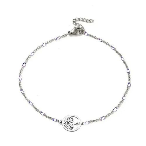 Bracelet Femme Acier Inoxydable Argenté Arbre De Vie Maille Forçat Blanche