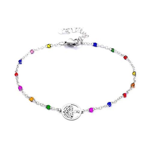 Bracelet Femme Acier Inoxydable Argenté Arbre De Vie Maille Forçat Multicolore