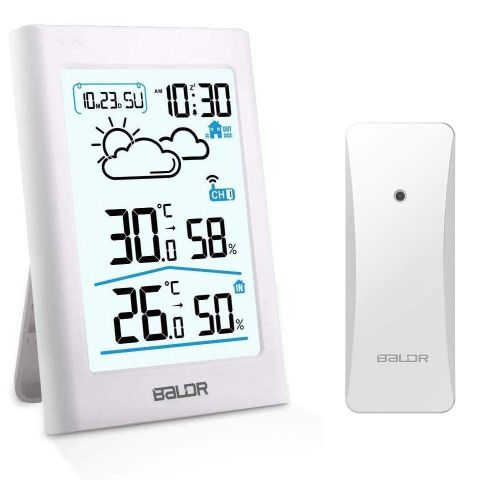 Station météo sans Fil, Thermomètre Hygromètre Baromètre Intérieure Extérieure avec Capteur LED Ecran Rétro-éclairage Horloge Numérique Alarme et Snooze Affichage Heure Date Jour