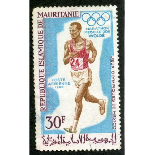 Timbre République Islamique De Mauretanie, Marathon Médaille D'or Woldé, Jeux Olympiques De Mexico, Poste Aérienne 1969, 30 F