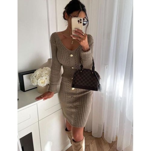 Robe En Tricot Avec Bouton - Vison