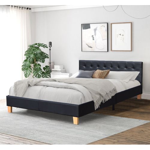 Frederic - Solide Et Confortable Lit Avec Sommier + Tête De Lit Capitonnee Couleur Noir + Pieds En 10 Cm Pour Matelas En 90x190 - 13 Lattes - Revetement Pvc Simili Facile D'entretien -...