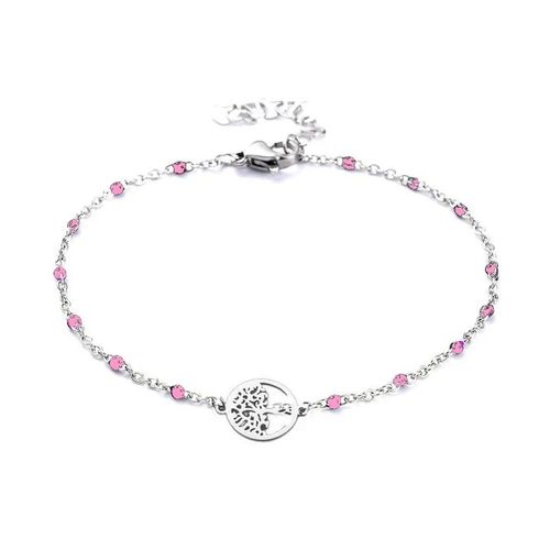 Bracelet Femme Acier Inoxydable Argenté Arbre De Vie Maille Forçat Rose