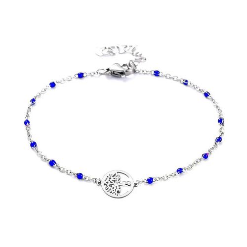 Bracelet Femme Acier Inoxydable Argenté Arbre De Vie Maille Forçat Bleue