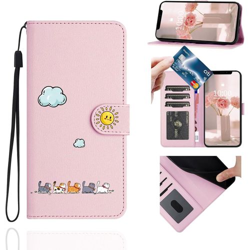 Kal-Coque Portefeuille Pour Iphone 16(6,1""),Étui À Rabat Housse En Cuir,Chat Pochette Carte Magnétique De Protection Cover Case Antichoc Pour Iphone 16,Rose