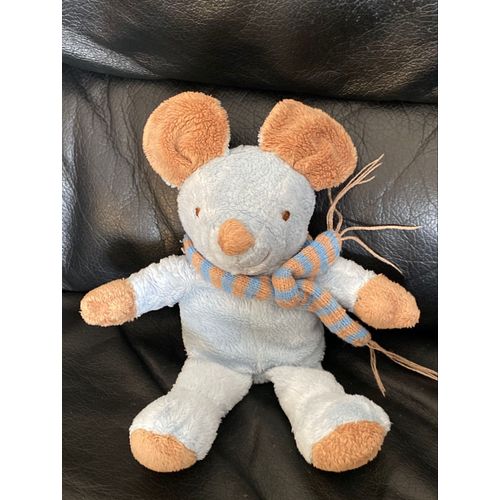 DOUDOU PELUCHE GRAINE D'EVEIL FNAC SOURIS BLEU ECHARPE MARRON 25cm