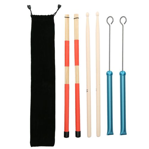 Ensemble De Baguettes De Batterie, Brosses, Fil Metallique Retractable, Tige En Bambou 5a, 19 Baguettes, Sac En Peluche (Bleu)