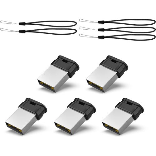 Lot de 5 Clé USB 32 Go 2.0 Ultra Mini,Clé USB 32 Go Mini Stockage Externe Flash Drive à Haute Vitesse pour PC/TV/Autoradio (Noir,5 Pcs,Lanière)