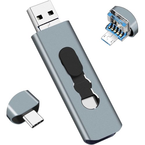 Clé USB 3.0 64Go 3-en-1 Mémoire Stick pour Téléphones Android,OTG USB 3.0 Flash Drive avec 3 Ports (USB C/microUSB/USB-A) pour PC,Téléphones comme Samsung Galaxy et Plus (Gris)