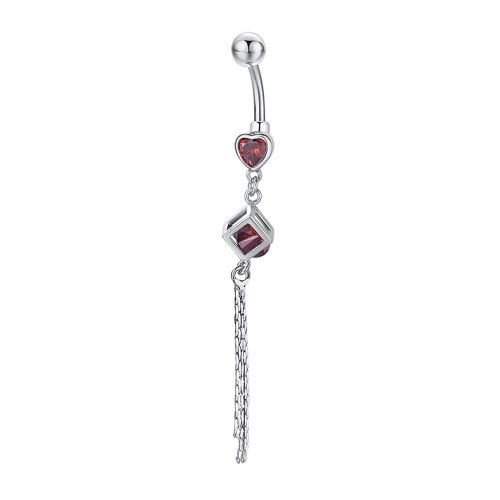 Piercing De Nombril En Acier Chirurgical Avec Pompons Carres En Zircon (Argent Rouge)