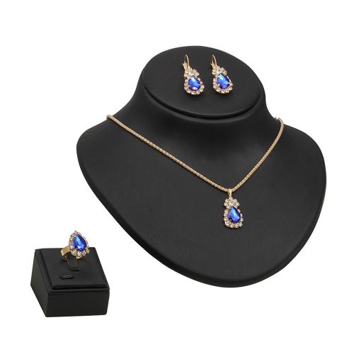 Parure De Bijoux Avec Pendentif En Forme De Goutte, Boucles D'oreilles, Bague, Imitation De Pierres Precieuses, Bleu Roi