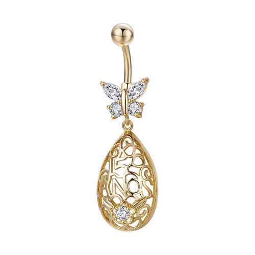 P0327 Bague Ombilicale Creuse En Zircone Avec Goutte D'eau, Accessoire De Bijouterie (Dore Et Blanc)