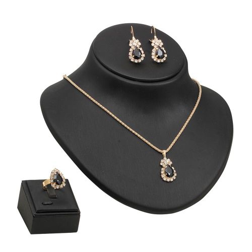 Parure De Bijoux Avec Pendentif En Forme De Goutte, Boucles D'oreilles, Bague, Imitation De Pierres Precieuses, Noire